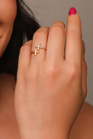 Anel Ajustável Cruz Cravejada e Lisa Tamanho G Banhado a Ouro 18K