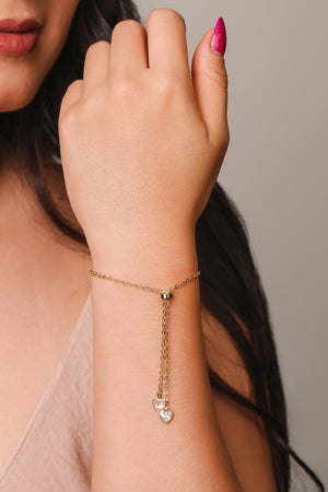 Pulseira Elos Corações Cristal Fecho Gravata Banhado a Ouro 18K