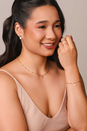 Pulseira Elos Bolinhas Gota Cristal Banhado a Ouro 18K