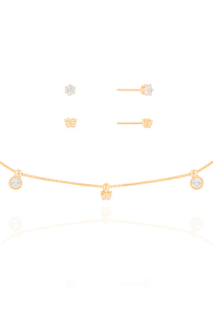 Conjunto Borboleta e Ponto de Luz Cristal Banhado a Ouro 18K