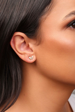 Brinco Duplo Borboleta e Flor Cravejado Cristal Banhado a Ouro 18K