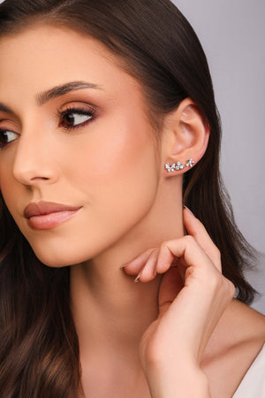 Brinco Duplo Borboleta e Flor Cravejado Cristal Ródio Branco