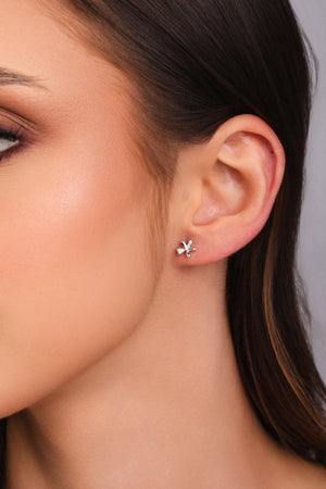 Brinco Duplo Borboleta e Flor Cravejado Cristal Ródio Branco