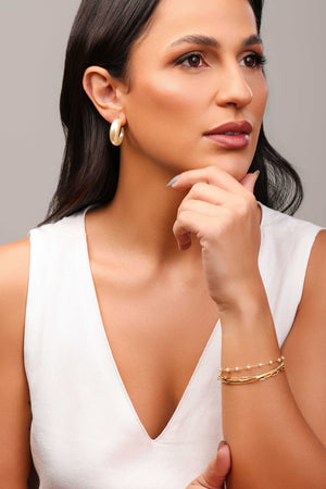 Pulseira Tripla Snake Elos Pérolas Banhado a Ouro 18K