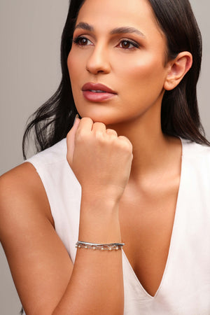 Pulseira Tripla Snake Elos Pérolas Ródio Branco