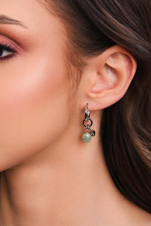 Brinco Argola Click Barroca Verde Jade 3.3 cm Ródio Branco