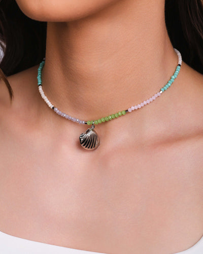 Choker Cristais Coloridos Concha Ródio Branco - 32 cm