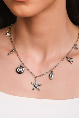 Gargantilha Elos Pingentes Marítimos Ródio Branco - 50 cm