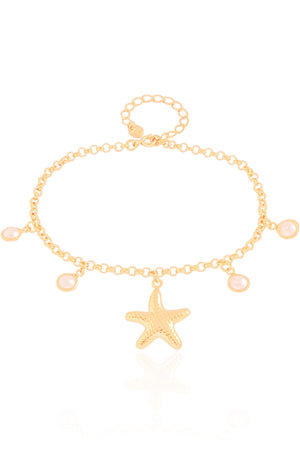 Tornozeleira Estrela do Mar com Pérolas Banhado a Ouro 18K