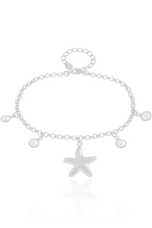 Tornozeleira Estrela do Mar com Pérolas Ródio Branco