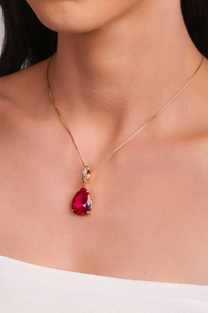 Pingente Gota Safira Rosa Cravejada Cristal Banhado a Ouro 18K