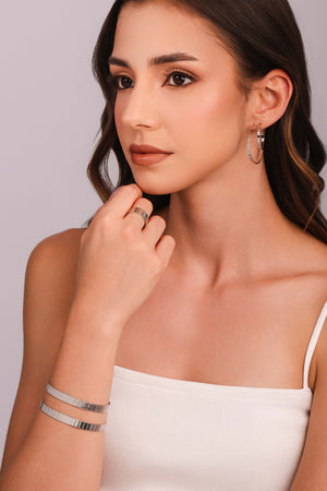 Brinco Argola Reta Esteira Texturizada 3.6 cm Ródio Branco