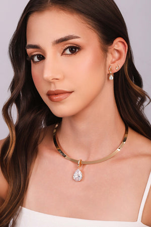 Brinco Fieletes Lisos e Cravejado Gota Cristal Banhado a Ouro 18K