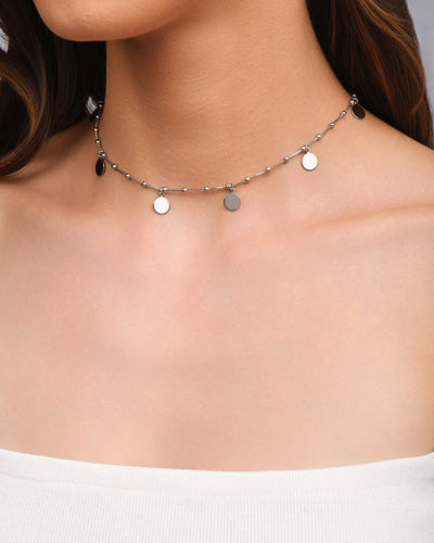 Choker Bolinhas e Medalhas Lisas Ródio Branco - 33 cm