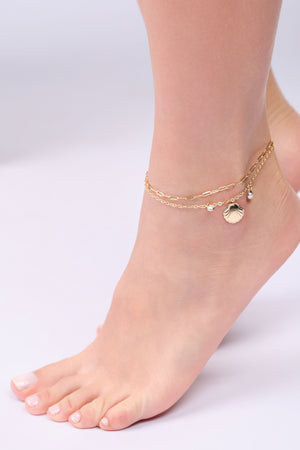 Tornozeleira Dupla Elos Concha e Pérolas Banhado a Ouro 18K