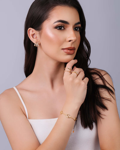 Anel Ajustável Duplo Detalhes Bolinhas Tamanho P Banhado a Ouro 18K