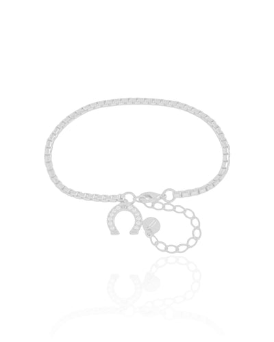 Pulseira Elos Quadrados Ferradura Cravejada Cristal Ródio Branco