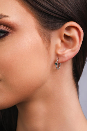 Trio de Argolas Pontos de Luz Quadrados Esmeralda Ródio Branco