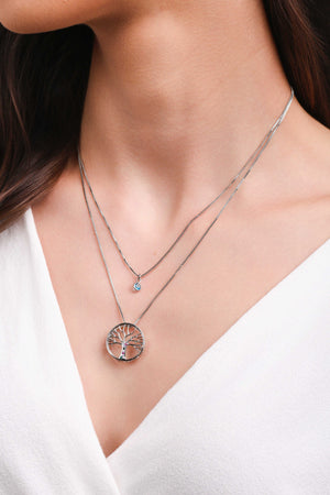 Gargantilha Dupla Árvore da Vida e Ponto de Luz Topázio Ródio Branco