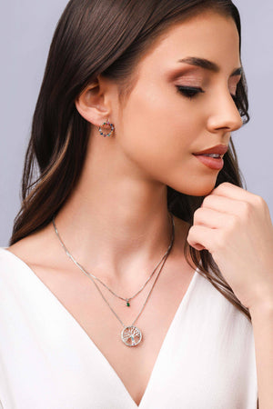 Gargantilha Dupla Árvore da Vida e Ponto de Luz Esmeralda Ródio Branco