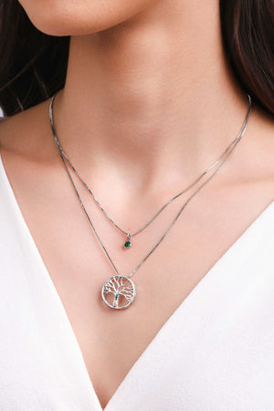 Gargantilha Dupla Árvore da Vida e Ponto de Luz Esmeralda Ródio Branco