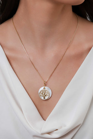 Pingente Madrepérola Árvore da Vida Cravejada Cristal Banhado a Ouro 18K