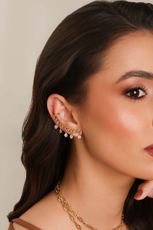 Brinco Ear Cuff Elos Vazados Ponto de Luz Cristal Banhado a Ouro 18K