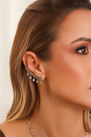 Brinco Ear Cuff Elos Vazados Ponto de Luz Cristal Ródio Branco