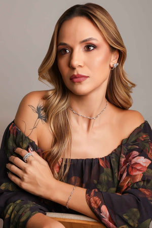 Brinco Ramos Folha Cravejada Cristal Ródio Branco