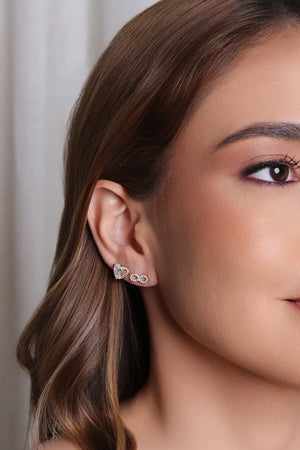 Brinco Duplo Coração Cravejado Cristal e Infinito Cravejado Cristal Banhado a Ouro 18K