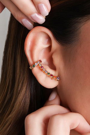 Brinco Ear Cuff Cravejado Redondo Colorido Banhado a Ouro 18K