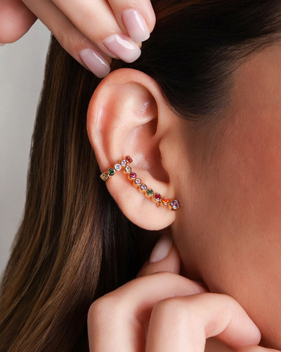 Brinco Ear Cuff Cravejado Redondo Colorido Banhado a Ouro 18K