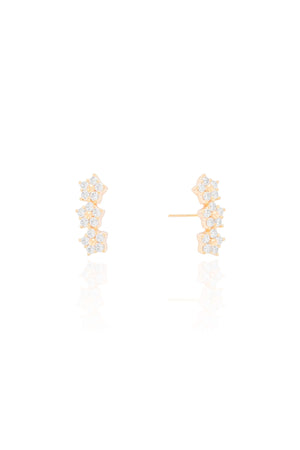 Brinco Ear Cuff Três Flores Cravejadas Cristal Banhado a Ouro 18K