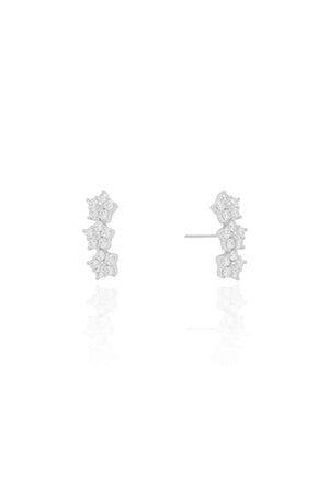 Brinco Ear Cuff Três Flores Cravejadas Cristal Ródio Branco