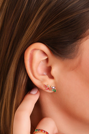 Brinco Ear Cuff Cristais Coloridos Banhado a Ouro 18K