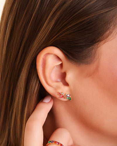 Brinco Ear Cuff Cristais Coloridos Banhado a Ouro 18K