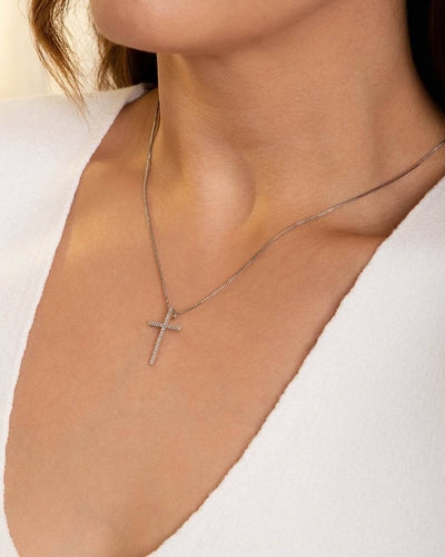 Colar Veneziana com Pingente Cruz Palito Cravejada Cristal - 45 cm