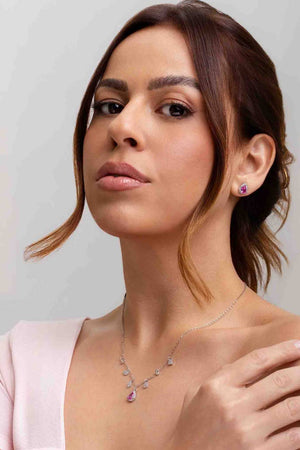 Conjunto com Berloques Cravejados Pingente e Brincos Gota Rosa Fúcsia e Borda Cristal