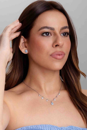 Conjunto com Berloques Cravejados Pingente e Brincos Gota Azul Sky e Borda Cristal