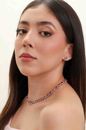 Conjunto Colar Riviera Mix Rubi Cravejado Cristal com Fecho Italiano - 40 cm