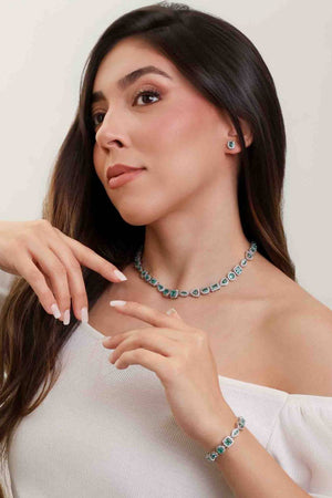 Conjunto Colar Riviera Mix Água Marinha Cravejado Cristal com Fecho Italiano - 40 cm