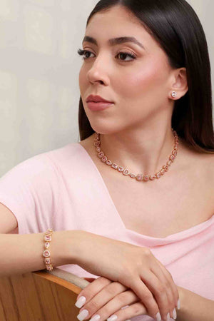 Conjunto Colar Riviera Mix Quartzo Rosa Cravejado Cristal com Fecho Italiano - 40 cm