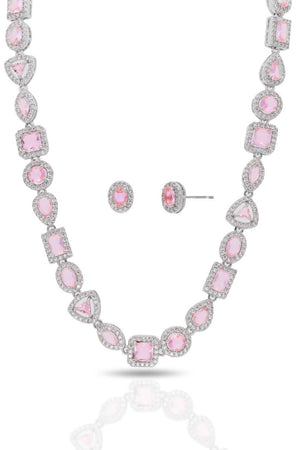 Conjunto Colar Riviera Mix Quartzo Rosa Cravejado Cristal com Fecho Italiano - 40 cm