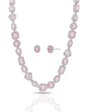 Conjunto Colar Riviera Mix Quartzo Rosa Cravejado Cristal com Fecho Italiano - 40 cm