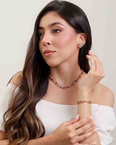 Ear Cuff Esmeralda Cravejado Cristal com Gota Pendente