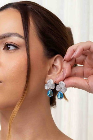 Brinco Folhas Cravejadas Cristal e Gota Pendente Topázio Azul