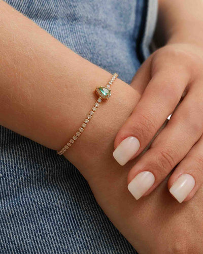 Pulseira Tennis Riviera Cristal Ajustável com Pingente Gota Turmalina Cravejada Cristal