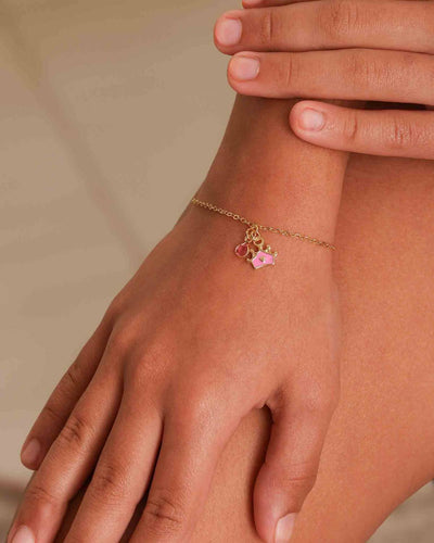 Pulseira Infantil Coroa Princesa Esmaltada com Coração e Ponto de Luz Rosa