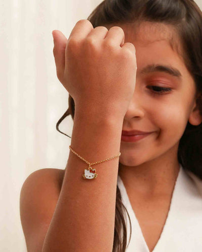 Pulseira Infantil Gatinha Esmaltada Branca com Laço Vermelho