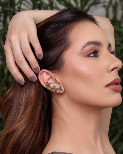 Brinco Ear Cuff Flores Navete Verde Esmeralda Pino e Encaixe